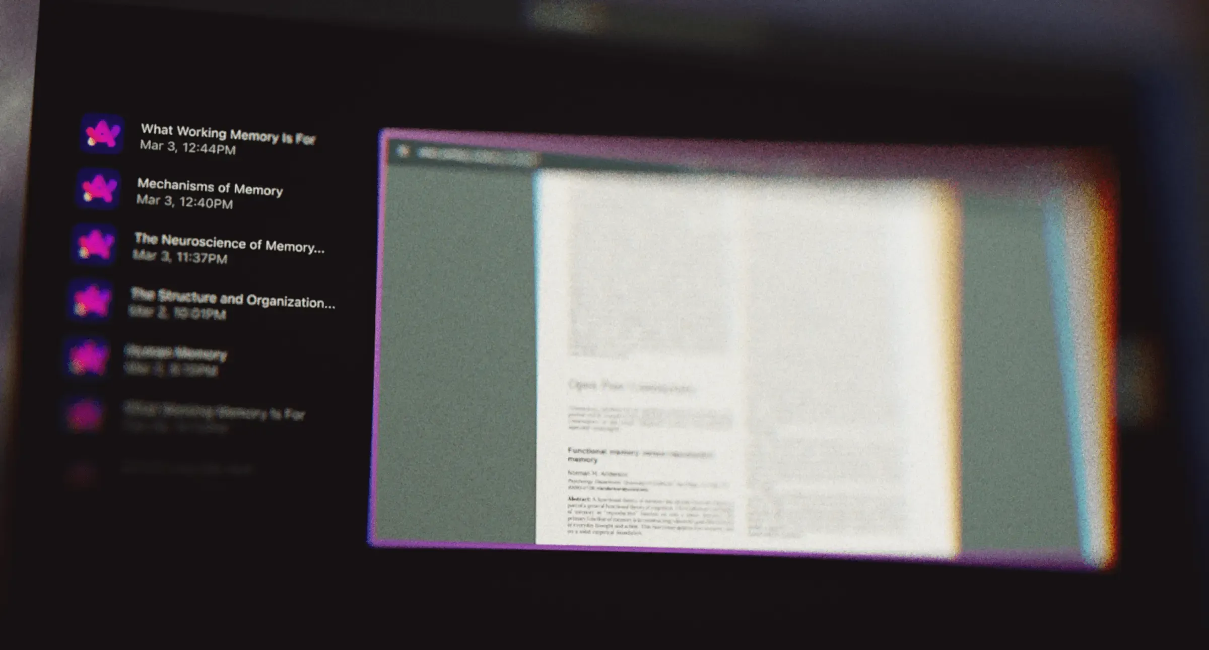 A screenshot of the 'Orbit' app featuring a PDF viewer. The document displays text on memory, with navigation options visible at the top and a list of recent documents on the left side.